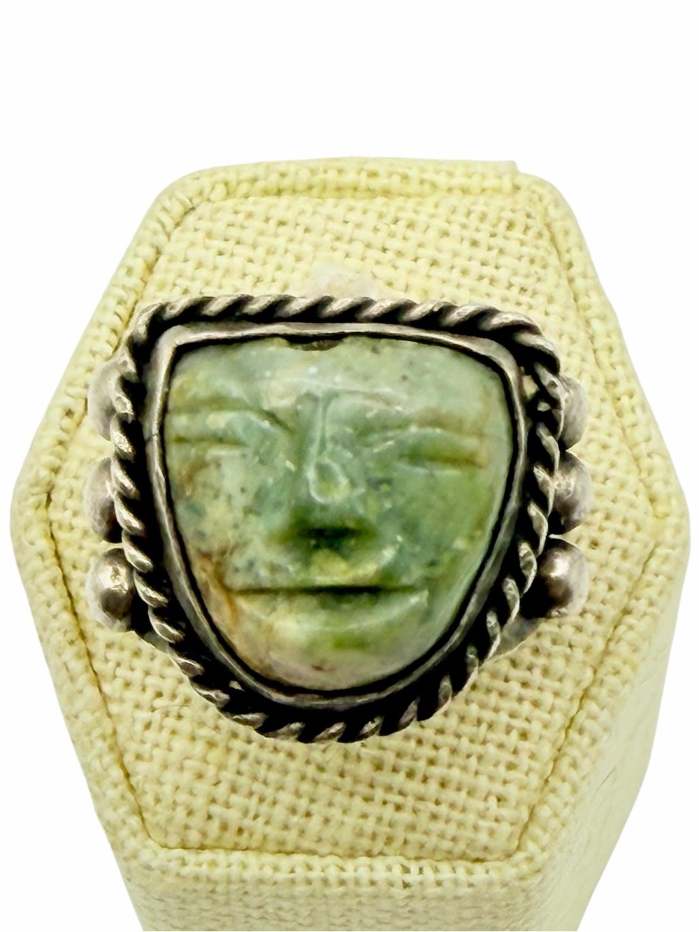 Vintage 1940s Taxco 980 Sterling Silver Carved Jade Mexican Masquette Face Ring